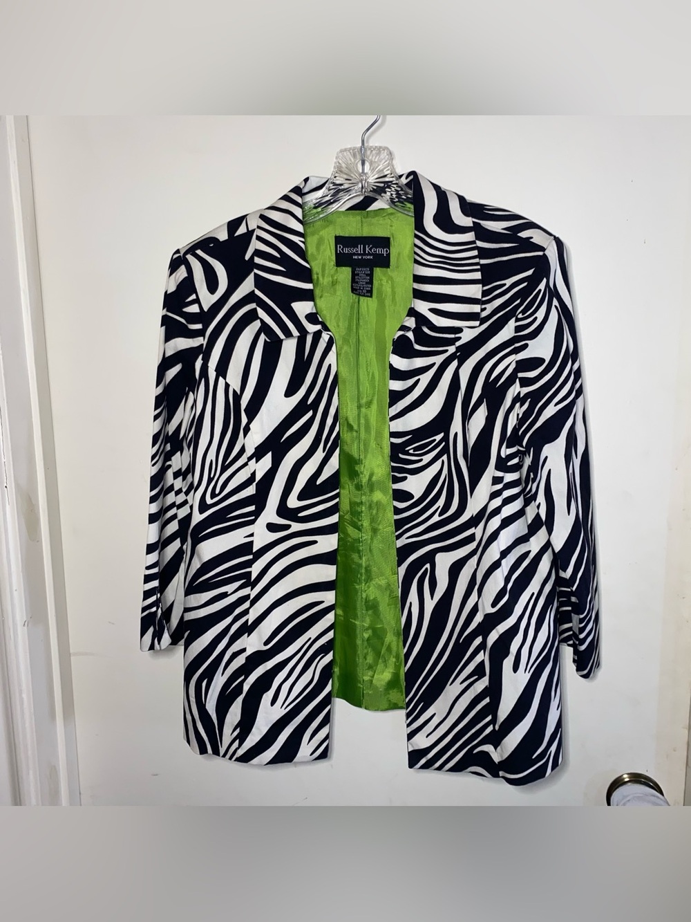 Russell Kemp Blazer Women's Zebra Print Green Lined Jacket Sz 10 Vintage Resort